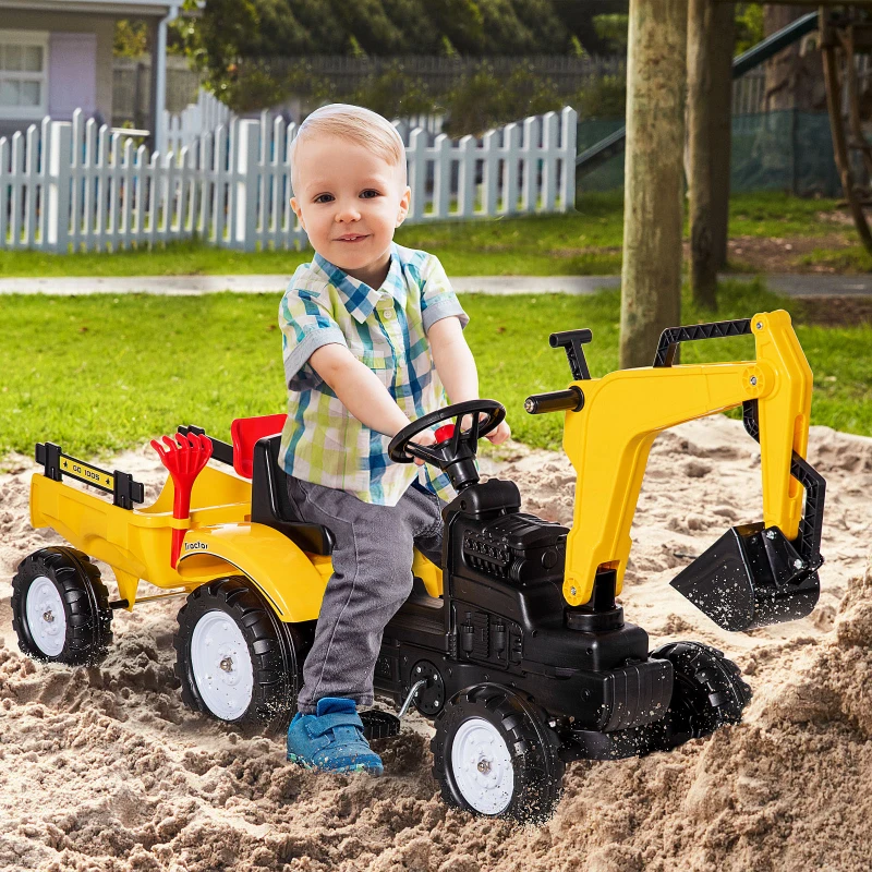 HOMCOM Tracteur à pédales avec remorque amovible pelle et râteau jeu de plein air enfants 3 à 6 ans jaune noir
