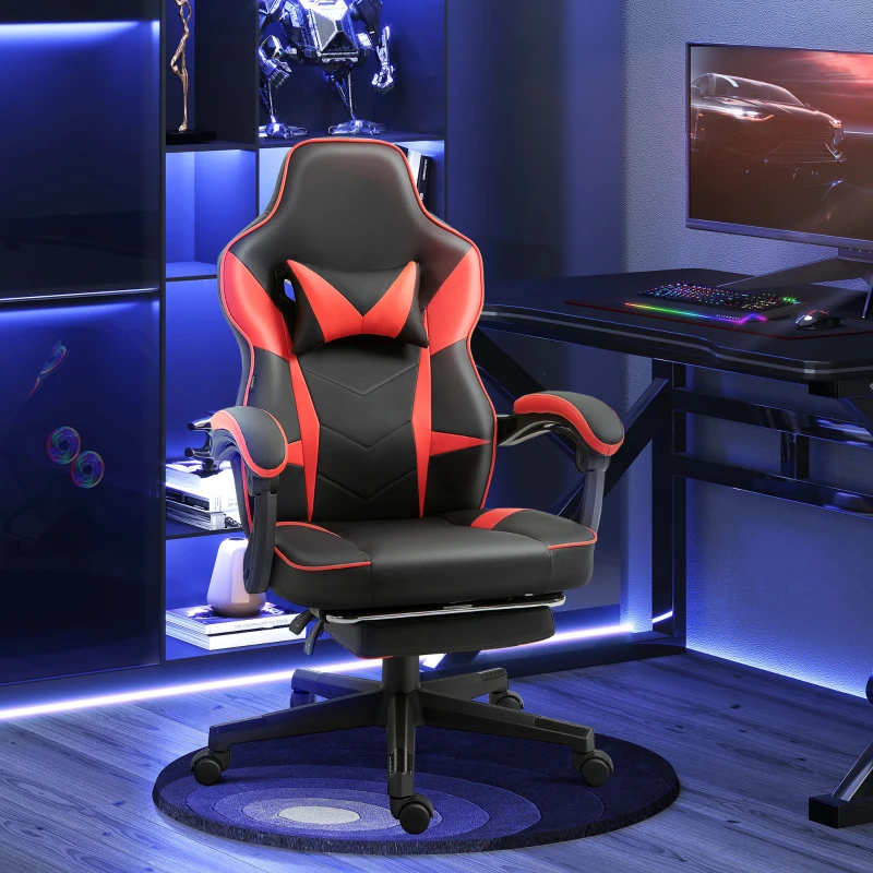 Vinsetto Fauteuil gaming gamer chaise de bureau ergonomique pivotante 360 ° hauteur dossier réglables repos-pieds rétractable 68 x 68 x 126 cm noir rouge