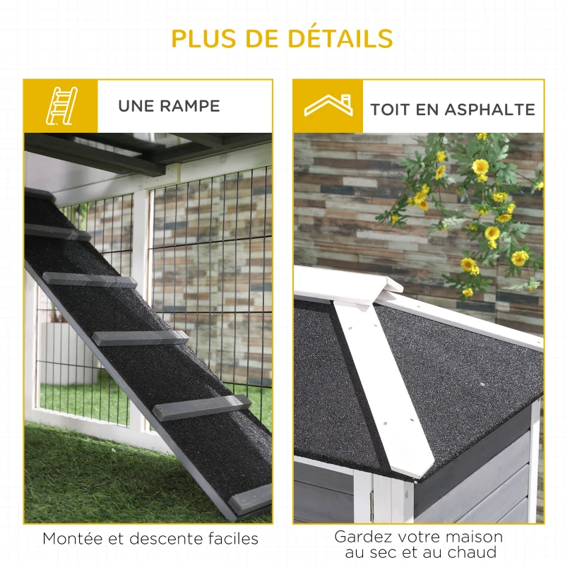 PawHut Clapier en bois pour lapin à 2 étages 4 portes verrouillables plateau coulissant rampe - 117L x 62,5l x 115H cm - bois de sapin gris blanc