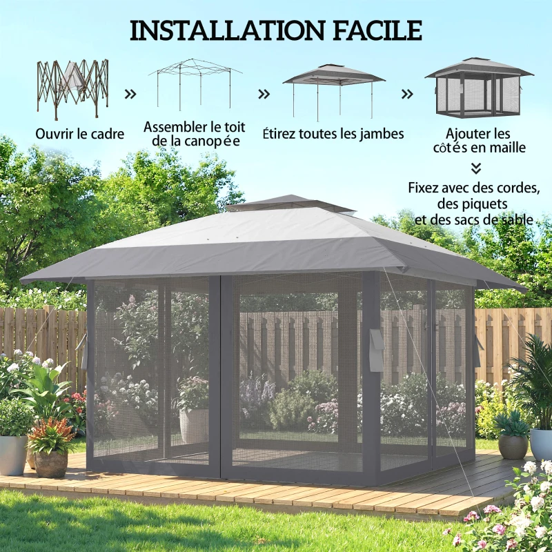 Outsunny Tonnelle de jardin 4 x 4 m pop up tonnelle pliante réglable en hauteur protection UV30+ montage facile gris