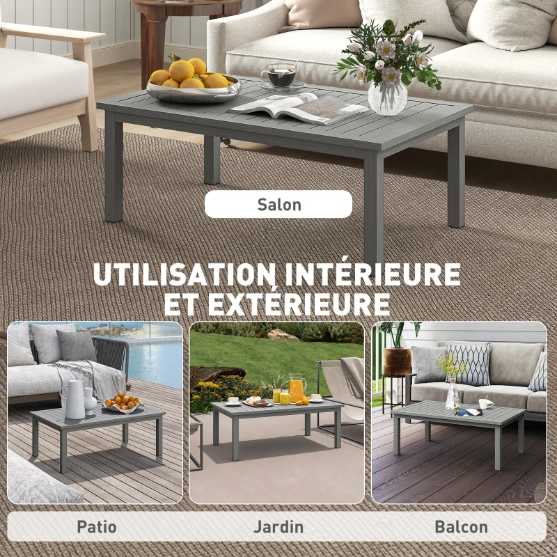 Outsunny Table basse rectangulaire plateau à lattes pour intérieur/extérieur en aluminium, 100 x60 x37 cm gris