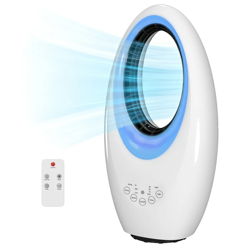 HOMCOM Ventilador de Torre sem Pás, ventilador silencioso de 36 dB com oscilação de 60°, iluminação LED, 3 velocidades, temporizador de 7,5 horas, controle remoto