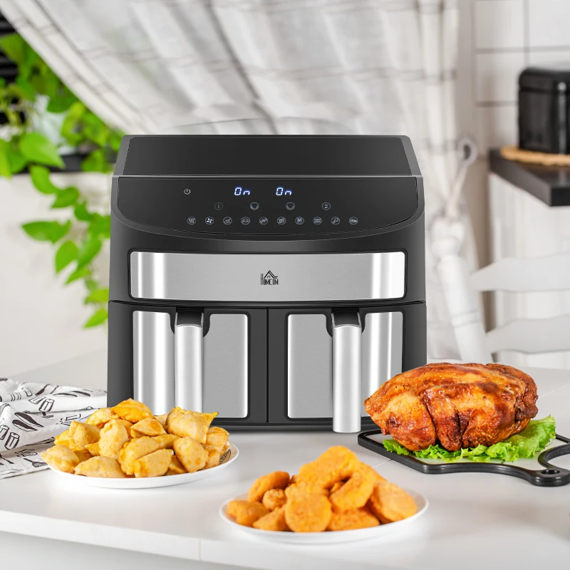 HOMCOM Friteuse à air sans huile, Air Fryer, double compartiment 8 L, 2400 W - 10 programmes, température réglable, minuterie