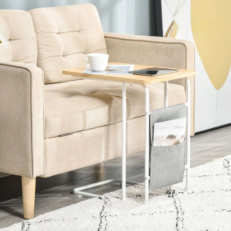 HOMCOM Table Basse Table d'appoint guéridon Bout de canapé 2 Pochettes de Rangement Tissu Gris châssis métal Blanc Plateau Aspect Bois Clair