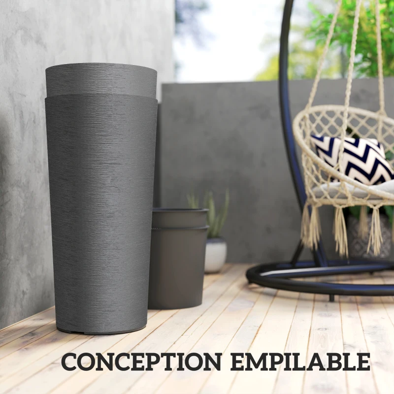 Outsunny Lot de 2 pots de plantes empilables, jardinières hautes en plastique, bac intérieur et trous de drainage, Ø35x60cm, gris