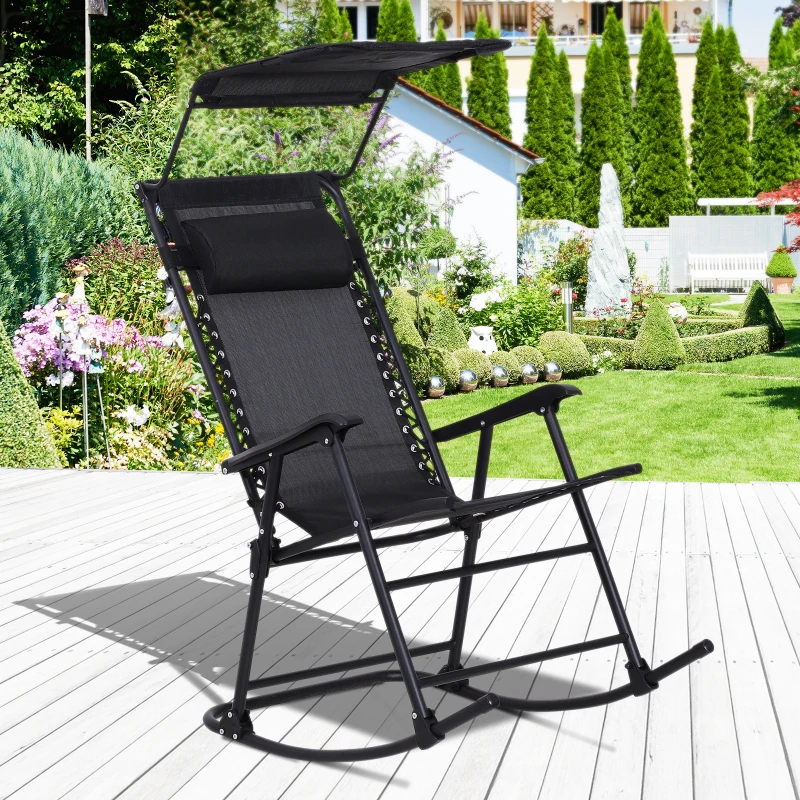 Outsunny Fauteuil à Bascule Rocking Chair Pliable de Jardin dim. 105L x 64l x 125H cm tétière + Pare-Soleil Inclus Acier époxy textilène Noir