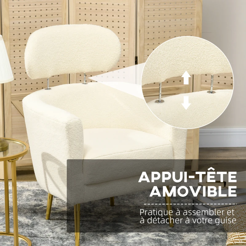 HOMCOM Fauteuil salon avec appuie-tête amovible, fauteuil crapaud en peluche teddy, pieds en métal, 71 x 65 x 90 cm, crème