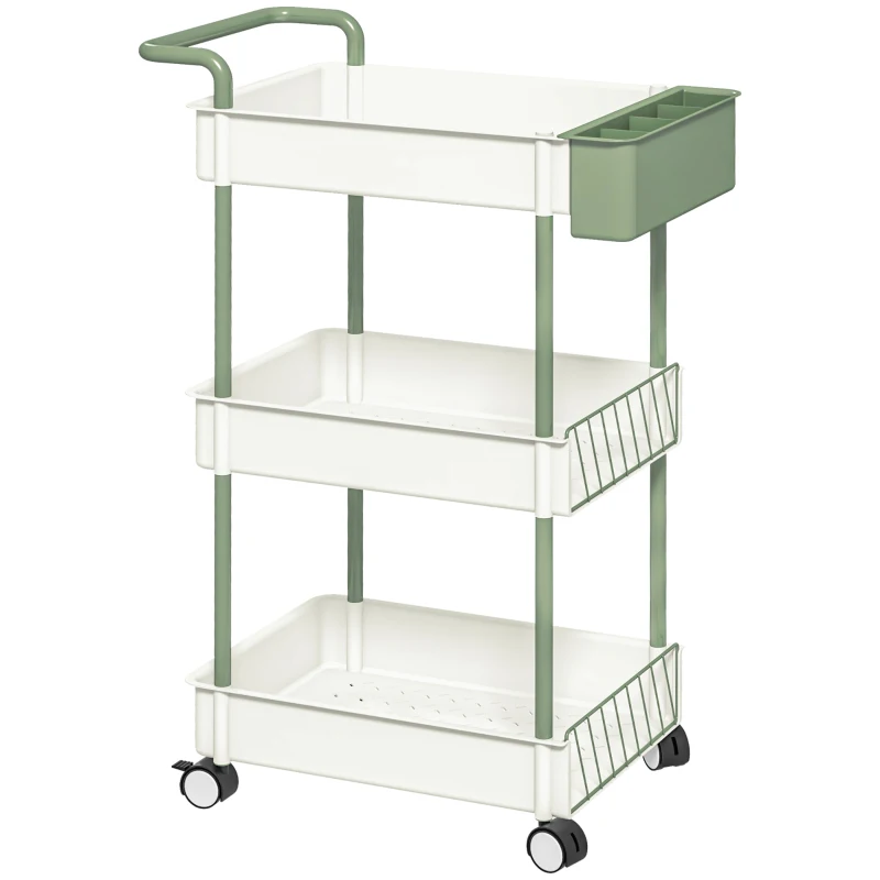HOMCOM Desserte chariot de rangement en acier à roulettes avec 3 niveaux, 1 boite amovible, poignées dim. 50L x 29,4l x 77H cm