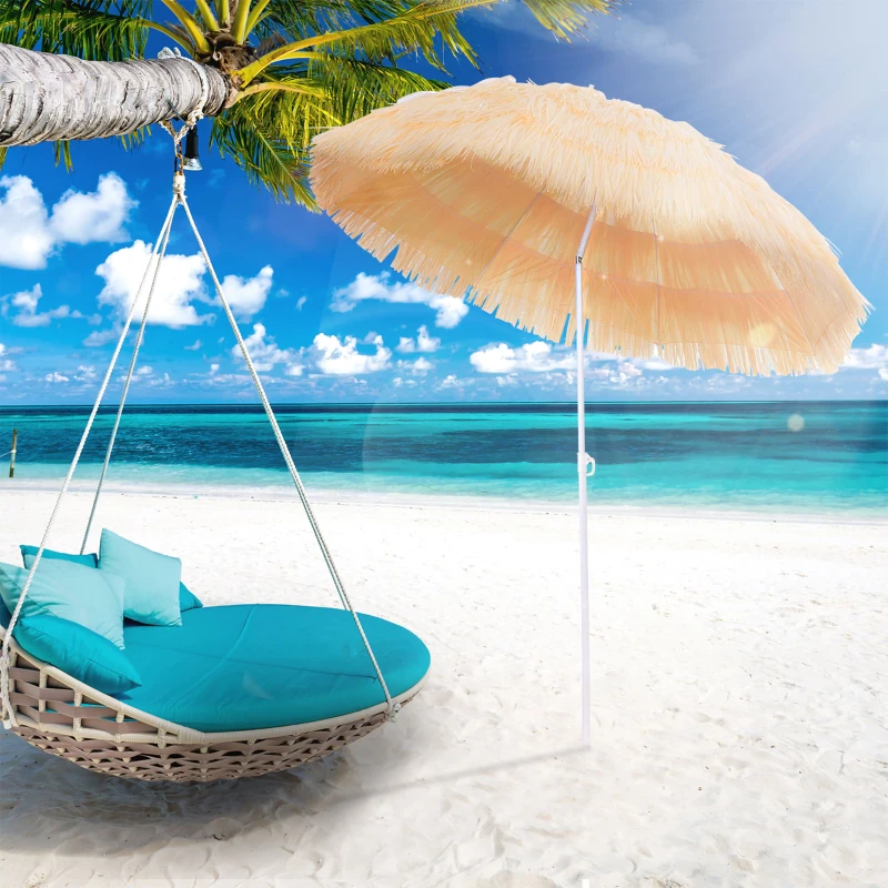 Outsunny Parasol de Plage Jardin Design Hawai 160 cm Raphia Artificiel Beige