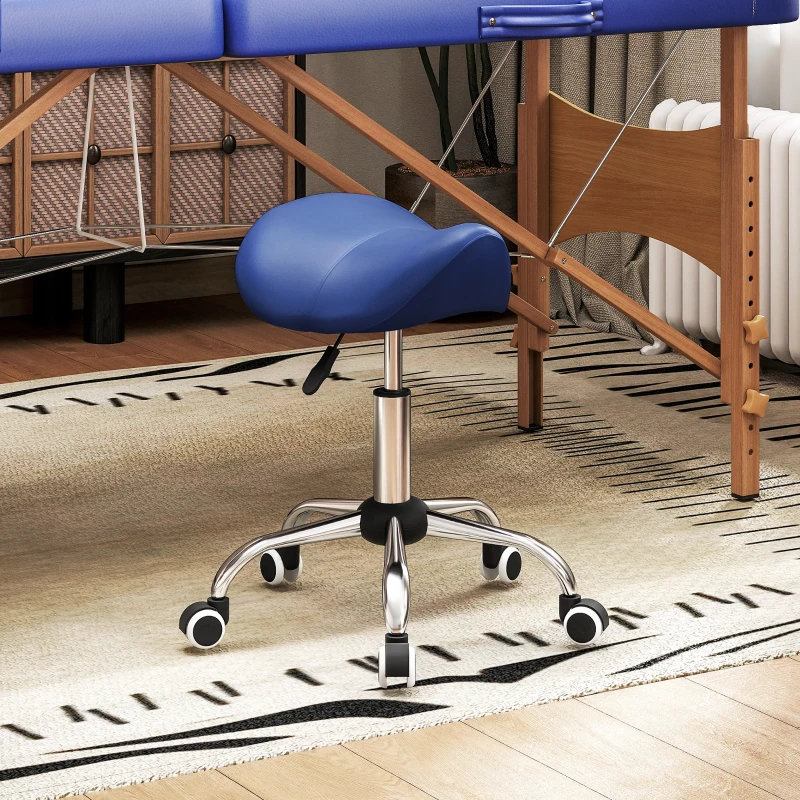HOMCOM Tabouret à roulettes, chaise de travail avec hauteur réglable 49-61 cm et selle ergonomique, 52x53x49-61cm, bleu