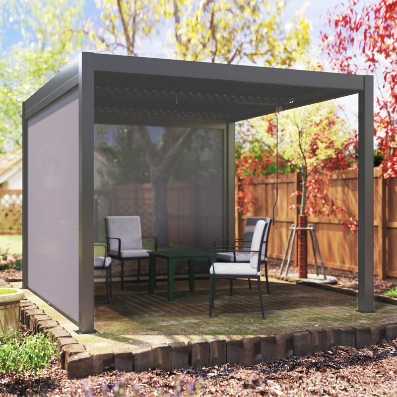 Outsunny Pergola bioclimatique extérieur en aluminium 3 x 3 m avec rideaux, système de drainage caché, gris