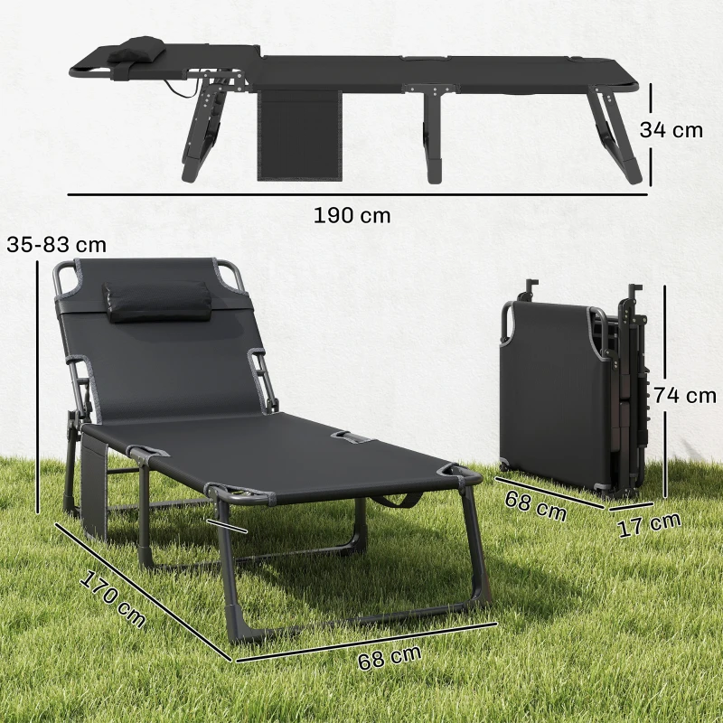 Outsunny Transat pliant large Chaise de jardin avec dossier réglable 5 positions Matelas rembourré Appui-tête Poche latérale