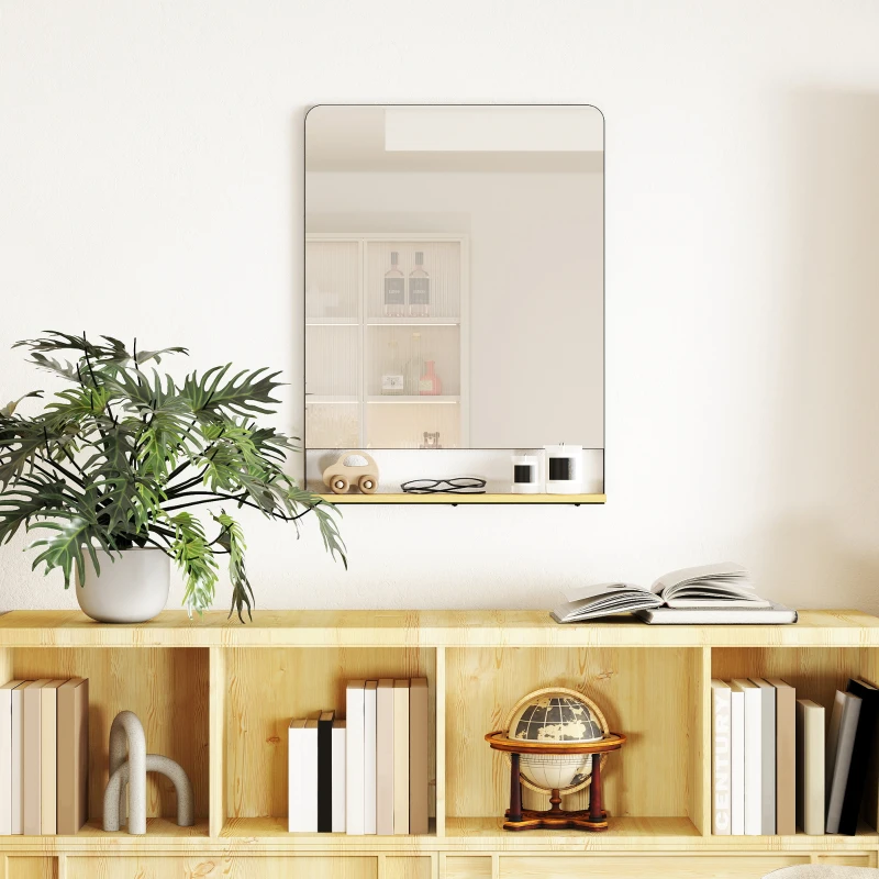 HOMCOM Miroir mural 80 x 60 cm avec étagère en bois, miroir rectangulaire moderne avec cadre en métal, noir