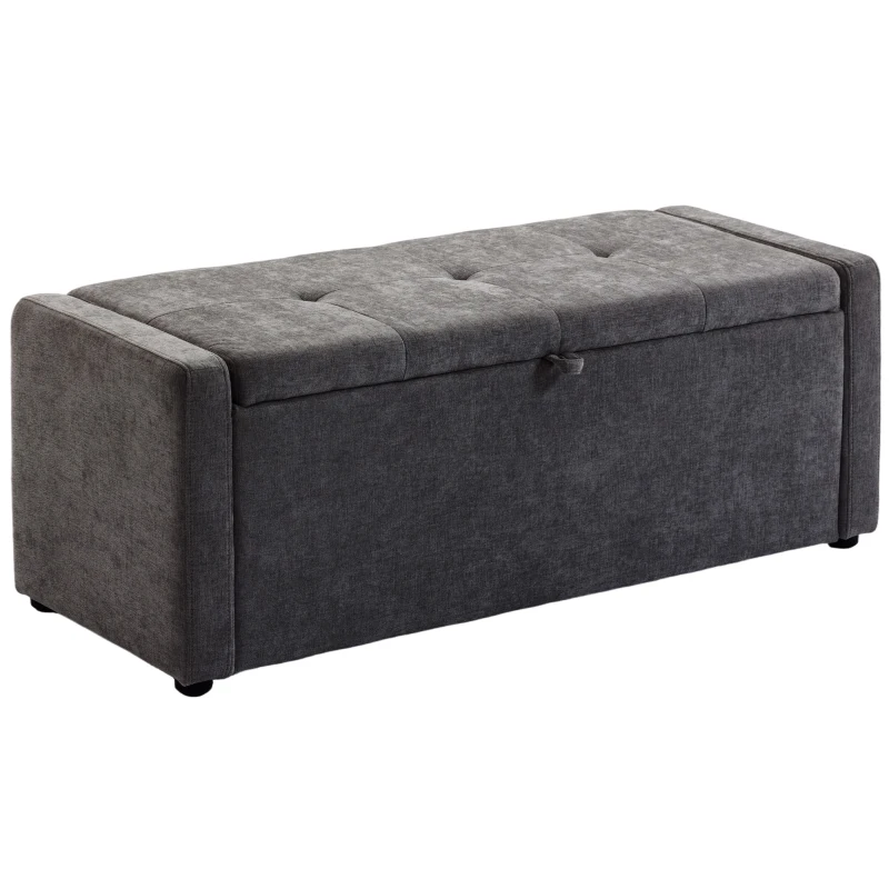 HOMCOM Banco de almacenamiento, baúl al pie de cama, reposapiés acolchado efecto lino con asiento amplio, 122 x 48 x 44 cm, gris oscuro
