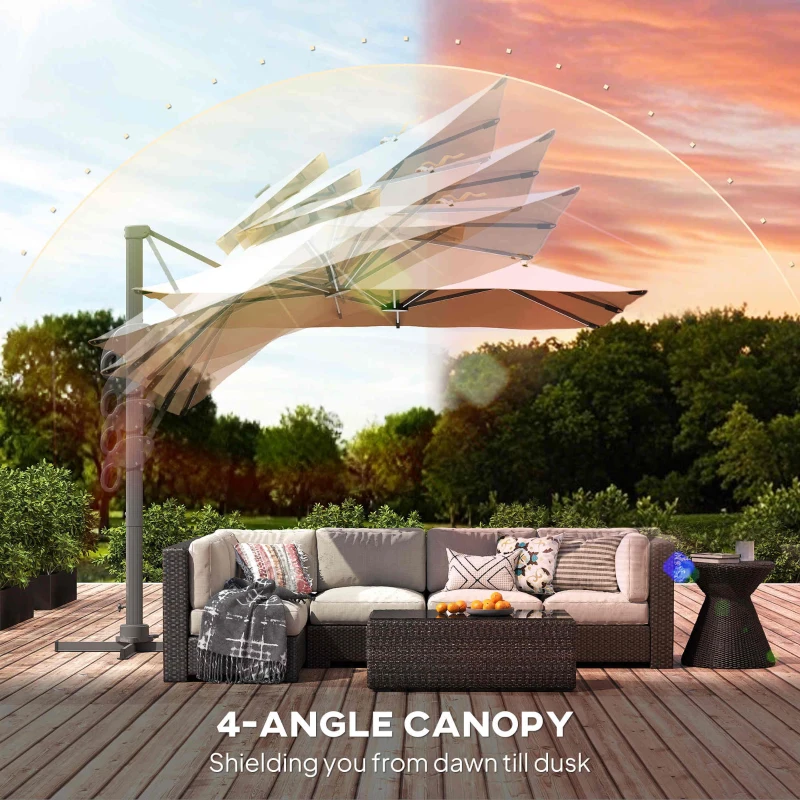 Outsunny Parasol déporté LED carré double toit inclinable pivotant 360° manivelle piètement acier dim. 3L x 3l x 2,66H m beige