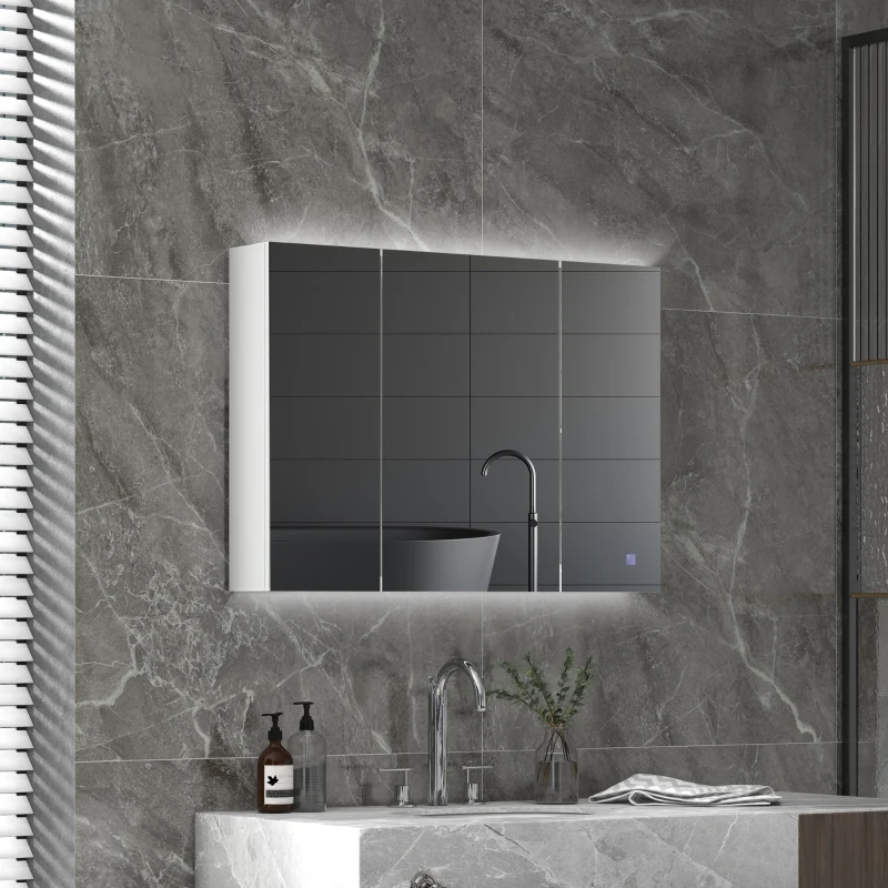 kleankin Armoire murale miroir avec éclairage LED de Salle de Bain 2 en 1, meuble 3 portes,  dim. 90L x 15l x 65H cm