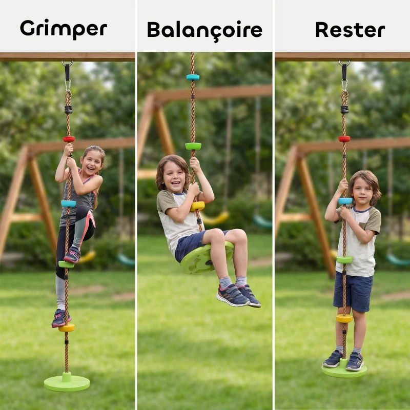 AIYAPLAY Corde d'escalade Balancoire 1,9 m, Balançoire Disque pour Enfants avec Plateforme, Sangle et Mousqueton, Vert
