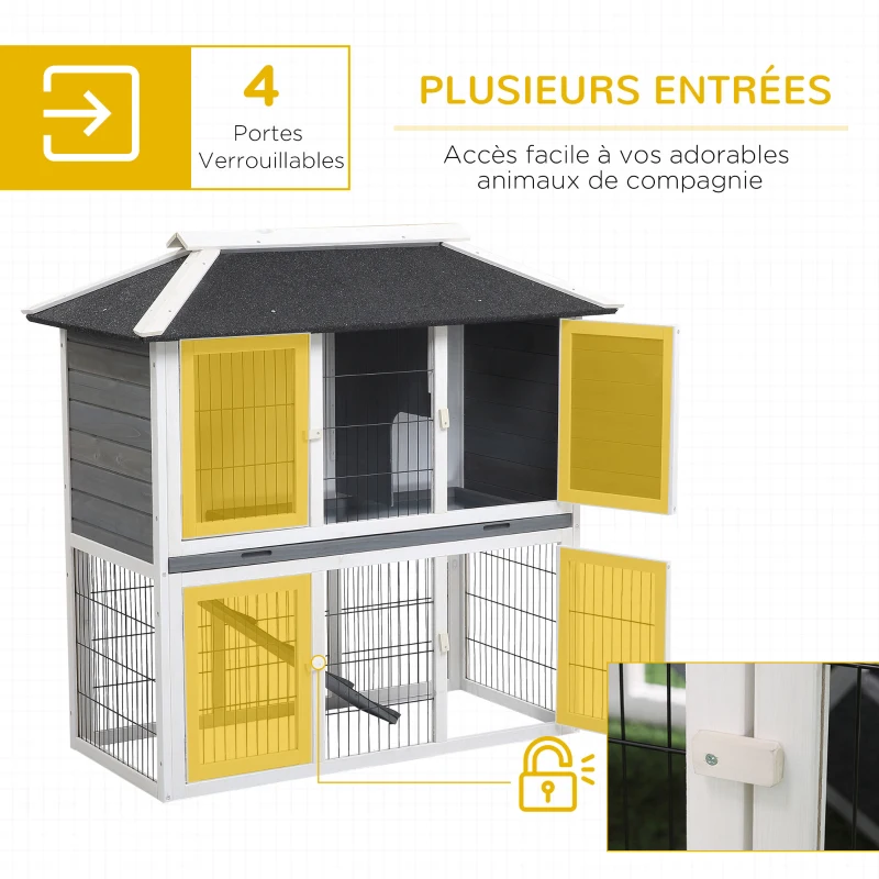 PawHut Clapier en bois pour lapin à 2 étages 4 portes verrouillables plateau coulissant rampe - 117L x 62,5l x 115H cm - bois de sapin gris blanc