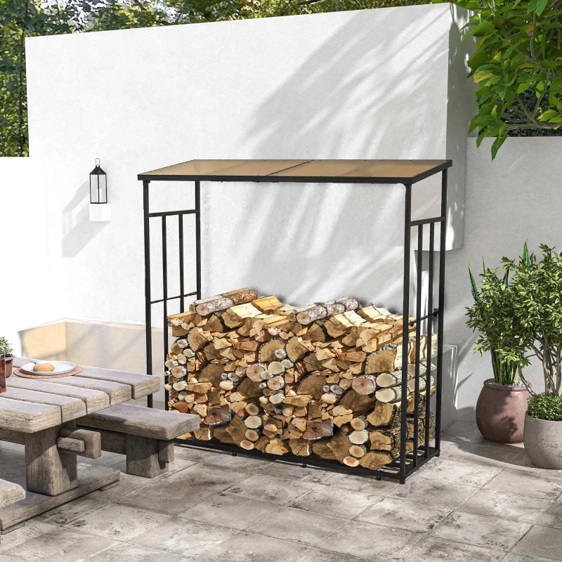 Outsunny Abri-bûches support pour bois de chauffage range-bûches en métal et polycarbonate 185 x 67 x 185 cm noir