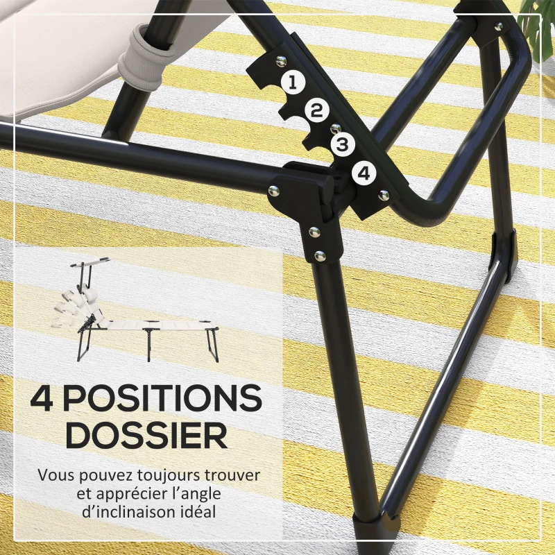 Outsunny Lot de 2 Bains de soleil transats pliables grand confort dossier pare-soleil réglables multi-positions, crème