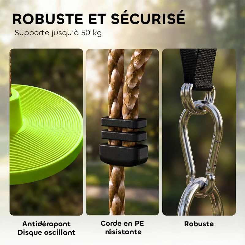AIYAPLAY Corde d'escalade Balancoire 1,9 m, Balançoire Disque pour Enfants avec Plateforme, Sangle et Mousqueton, Vert