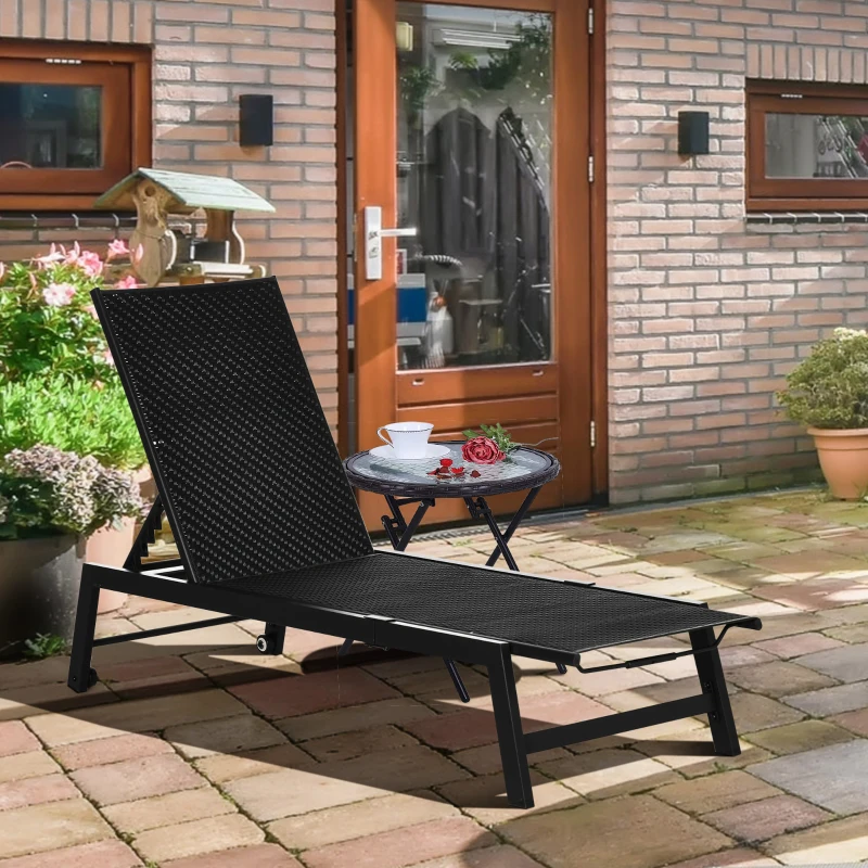 Outsunny Chaise longue bain de soleil en résine tressée imitation rotin avec roues dossier inclinable aluminium noir