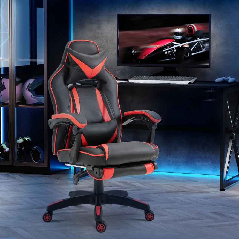 HOMCOM Chaise gaming Fauteuil Gamer Fauteuil de Bureau ergonomique avec support lombaire et Repose-Pieds revêtement synthétique Noir Rouge