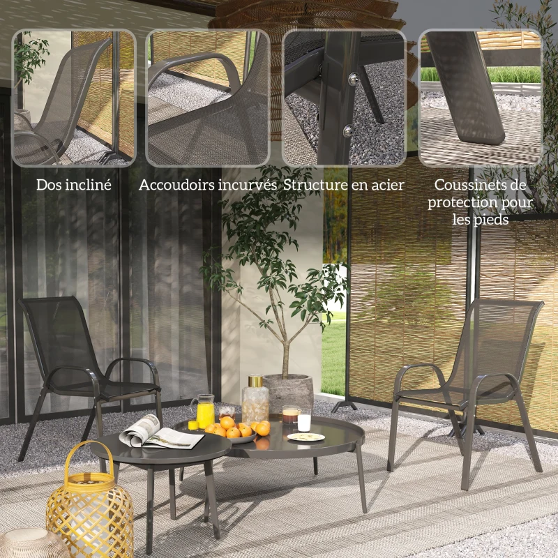 Outsunny Lot de 2 chaises de jardin chaises empilables dossiers hauts tissu maille respirante cadre acier 54 x 71 x 93 cm noir