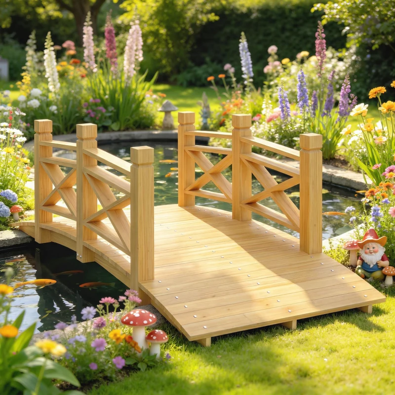 Outsunny Ponte giardino in legno ad arco con corrimano, 174x78x57,5 cm, Legno naturale