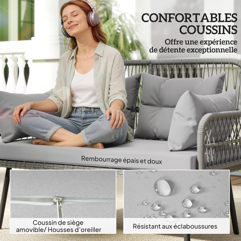 Outsunny Canapé de jardin avec coussins et oreillers 2 places en résine tressée, canapé d'extérieur avec accoudoirs gris foncé