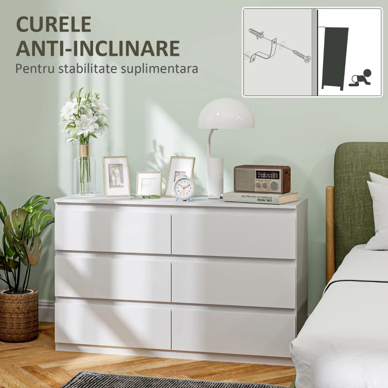 HOMCOM Comodă cu 6 sertare pentru dormitor, din lemn, cu ghidaje metalice, 120x39x75 cm, albă(m-6)