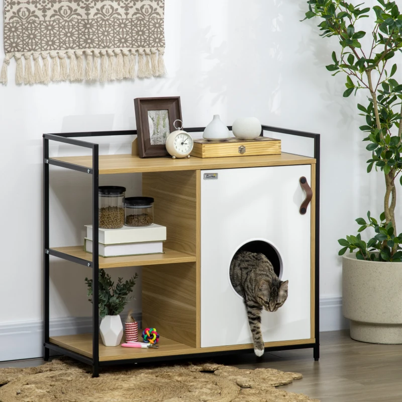 PawHut Maison de toilette pour chat meuble cache litière pour chat 2 étagères et grand plateau 80 x 40 x 73 cm