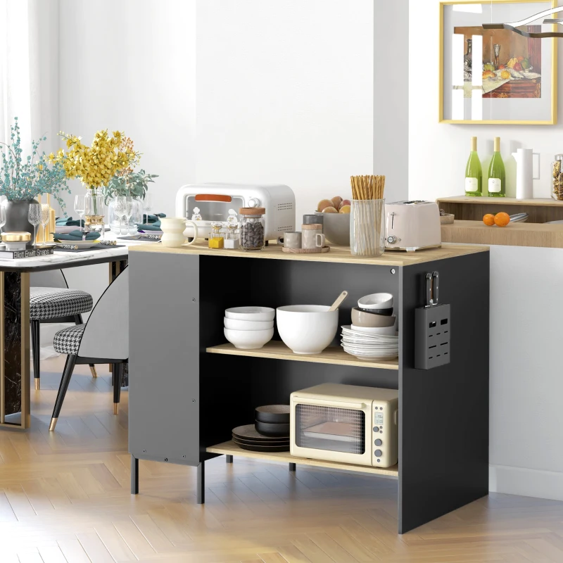 HOMCOM Desserte îlot de cuisine avec 2 étagères ouvertes 1 placard portes coulissantes porte couteaux 114,5 x 70 x 90 cm noir