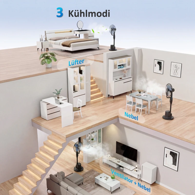 HOMCOM Stehventilator mit Sprühnebel, 70° Oszillation, 3 Geschwindigkeiten, 3 Modi, 3,5L Wassertank, Schwarz