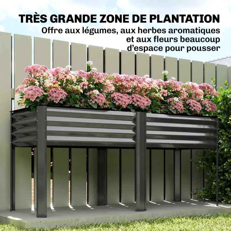 Outsunny Potager sur Pieds en Métal, Jardinière Surélevée en Métal 241L avec Barres Renforcées et Tissu Non-Tissé, Gris Foncé
