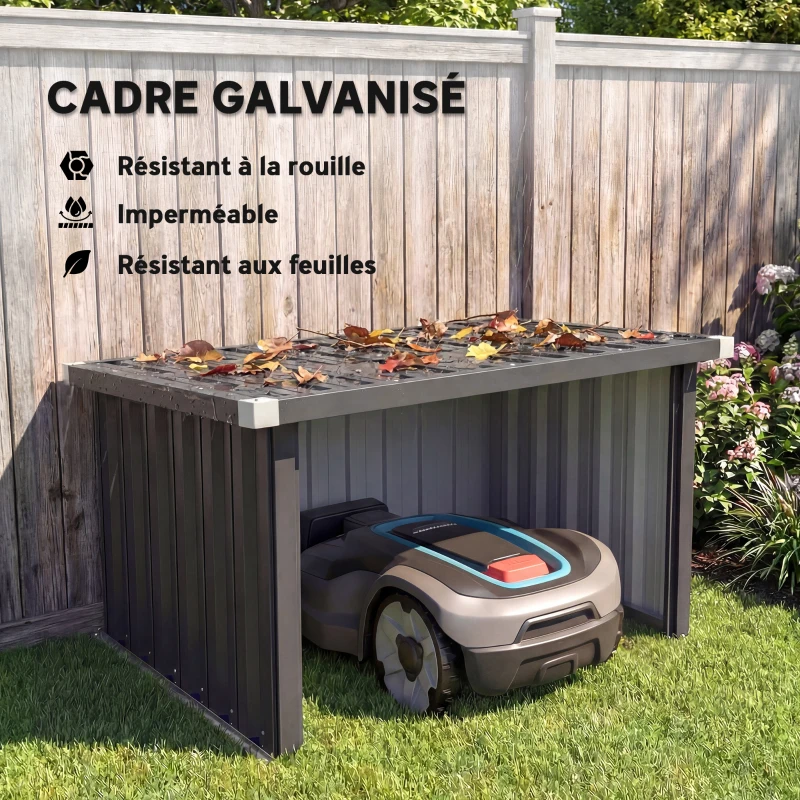Outsunny Abri Robot Tondeuse Garage pour Robot Tondeuse avec Toit incliné en acier galvanisé, 108 x 86 x 62,5 cm, gris foncé