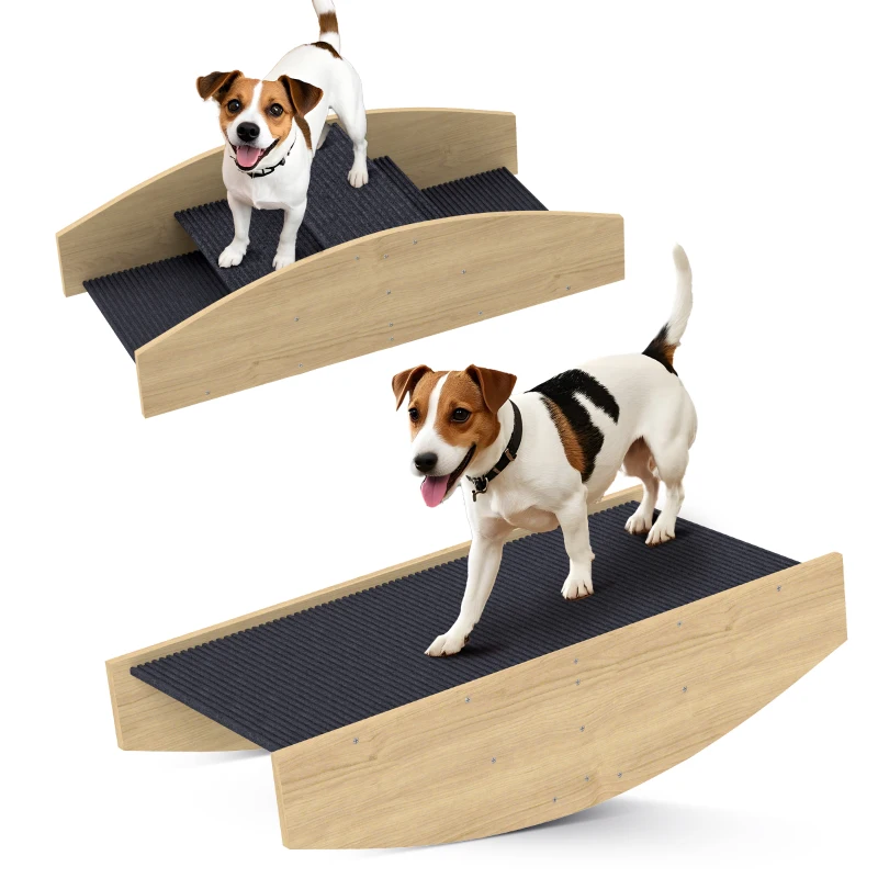 PawHut Bascule Chien Agility Réversible 2-en-1 Escalier pour Chien 3 Marches en Bois 80x39,5x20cm, Bois Naturel