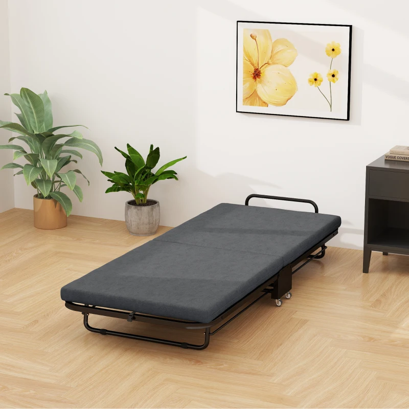 HOMCOM Lit pliant 1 personne 188 x 76 cm, lit d'appoint pliable avec matelas de 7 cm sur roulettes, charge de 150 Kg, gris