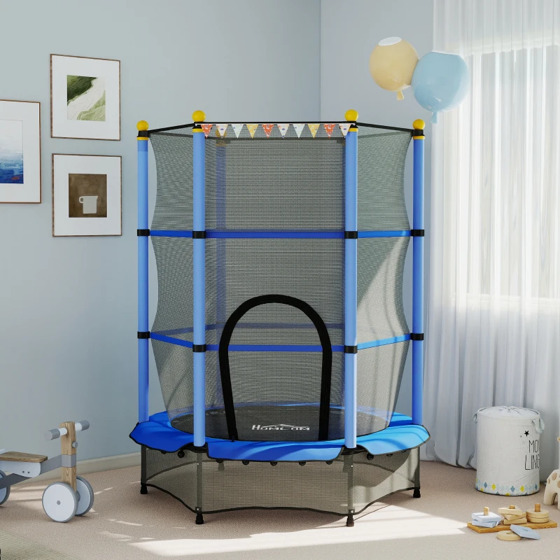 HOMCOM Trampoline Enfant Ø 1,40 × 1,90H m Filet de sécurité Porte zipée Couvre-Ressorts 6 poteaux rembourrés Inclus Bleu