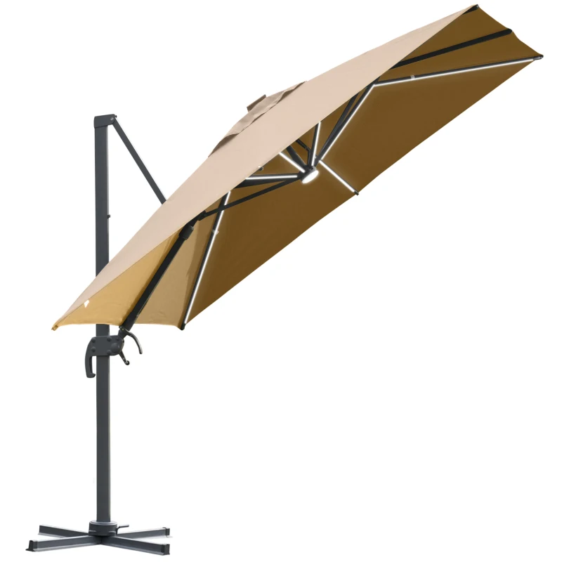 Outsunny Parasol déporté carré parasol LED inclinable pivotant 360° manivelle piètement acier dim. 3L x 3l x 2,74H m beige