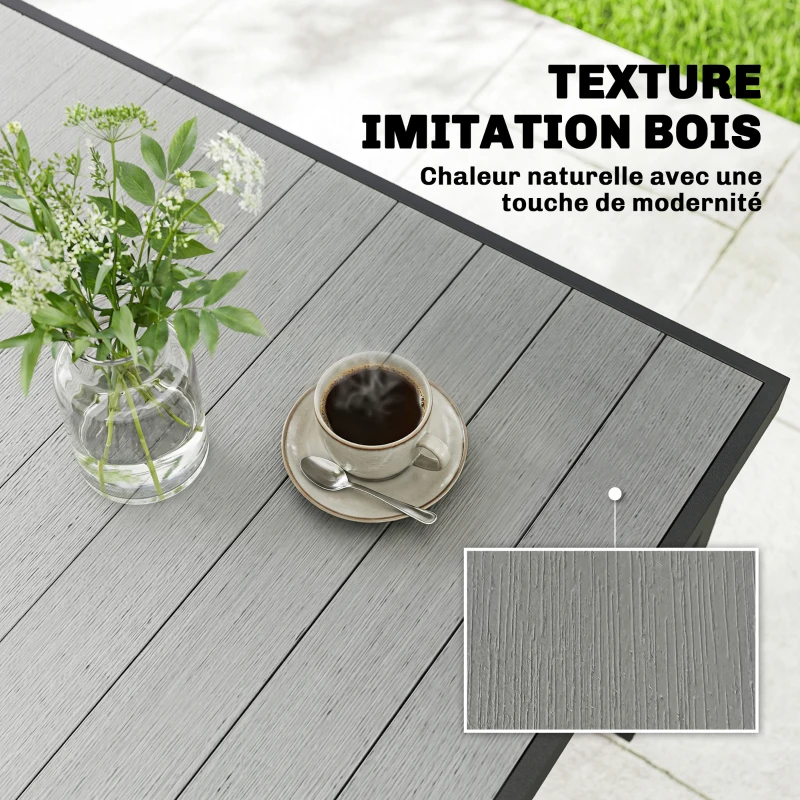 Outsunny Table de jardin pour 4 à 6 personnes, table à manger extérieure avec plateau à lattes, 140 x 90 x 74 cm, gris