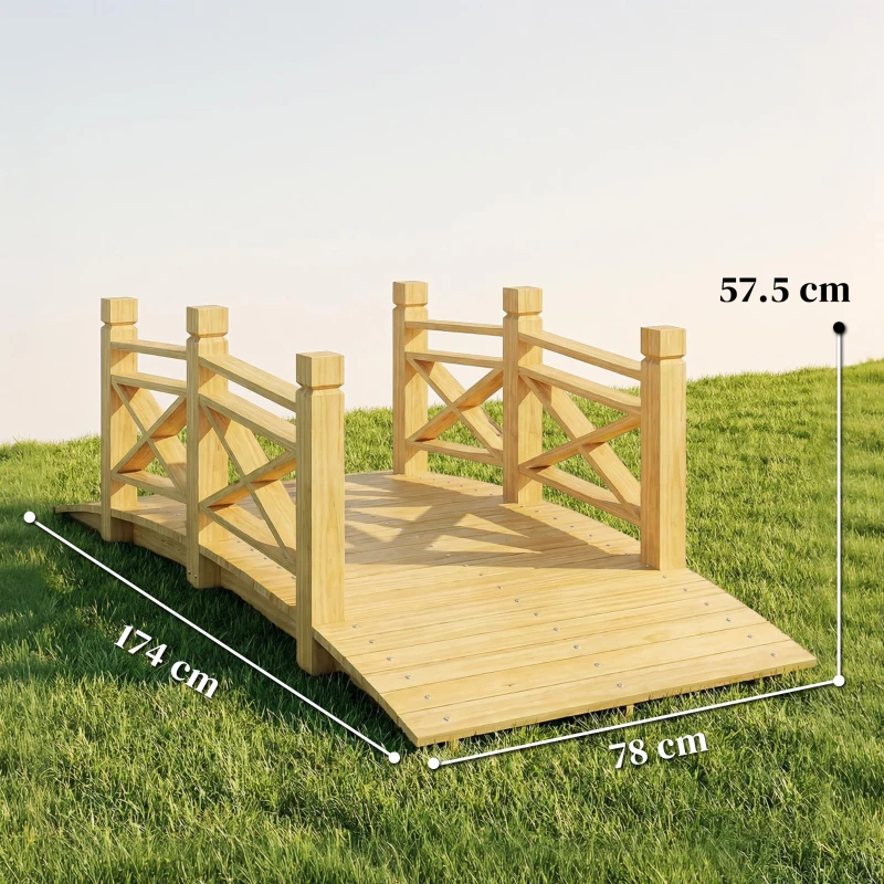 Outsunny Ponte giardino in legno ad arco con corrimano, 174x78x57,5 cm, Legno naturale