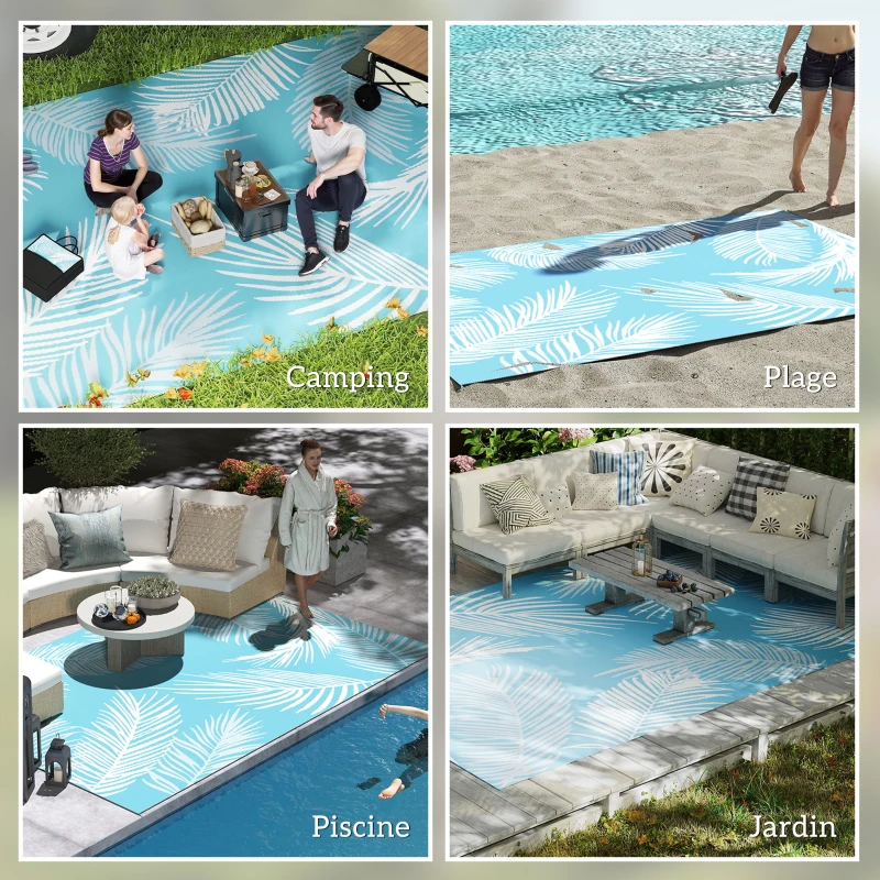 Outsunny Tapis d'extérieur réversible 274x182 cm, tapis de sol en PP résistant aux intempéries, sac de transport, bleu