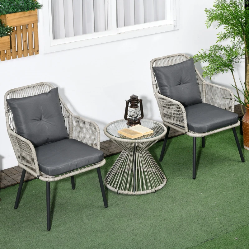 Outsunny Salon de jardin en résine tressée 3 pièces cadre en acier 2 fauteuils + 1 table basse ronde coussins inclus