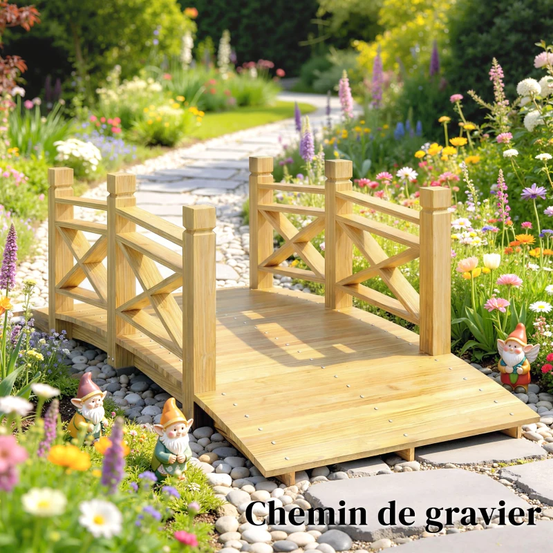 Outsunny Ponte giardino in legno ad arco con corrimano, 174x78x57,5 cm, Legno naturale