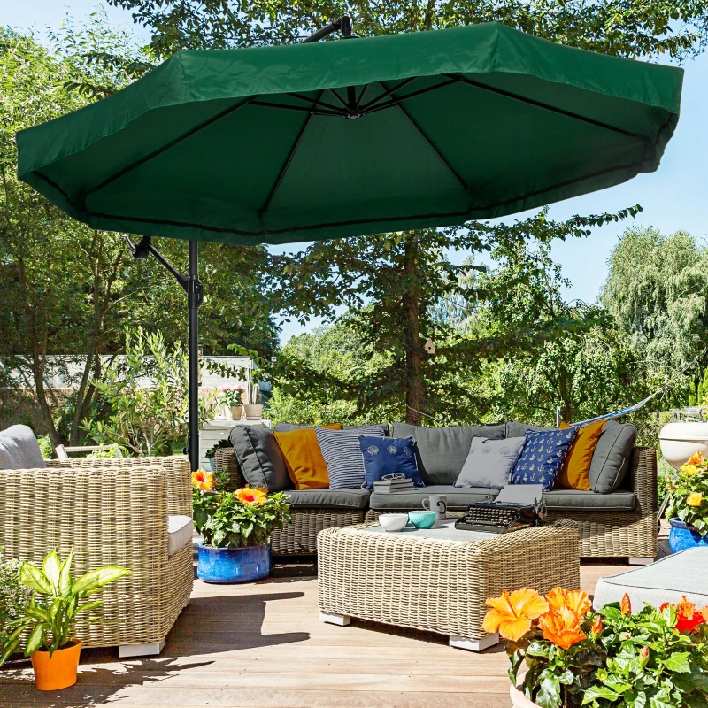 Outsunny Parasol déporté octogonal manivelle avec pied en croix avec moustiquaire Ø 295 x 240H cm vert