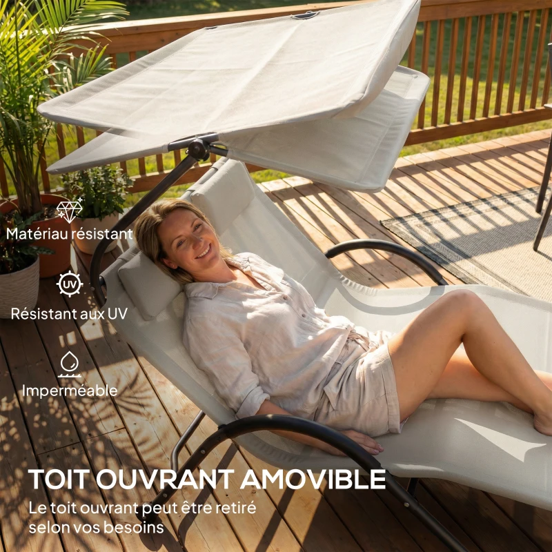 Outsunny Chaise longue bain de soleil transat avec auvent oreiller et roulettes en acier et polyester crème