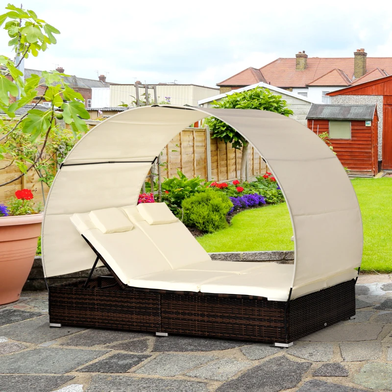Outsunny Lit de jardin modulable bain de soleil 2 places grand confort pare-soleil amovible matelas tétière crème résine tressée 4 fils chocolat