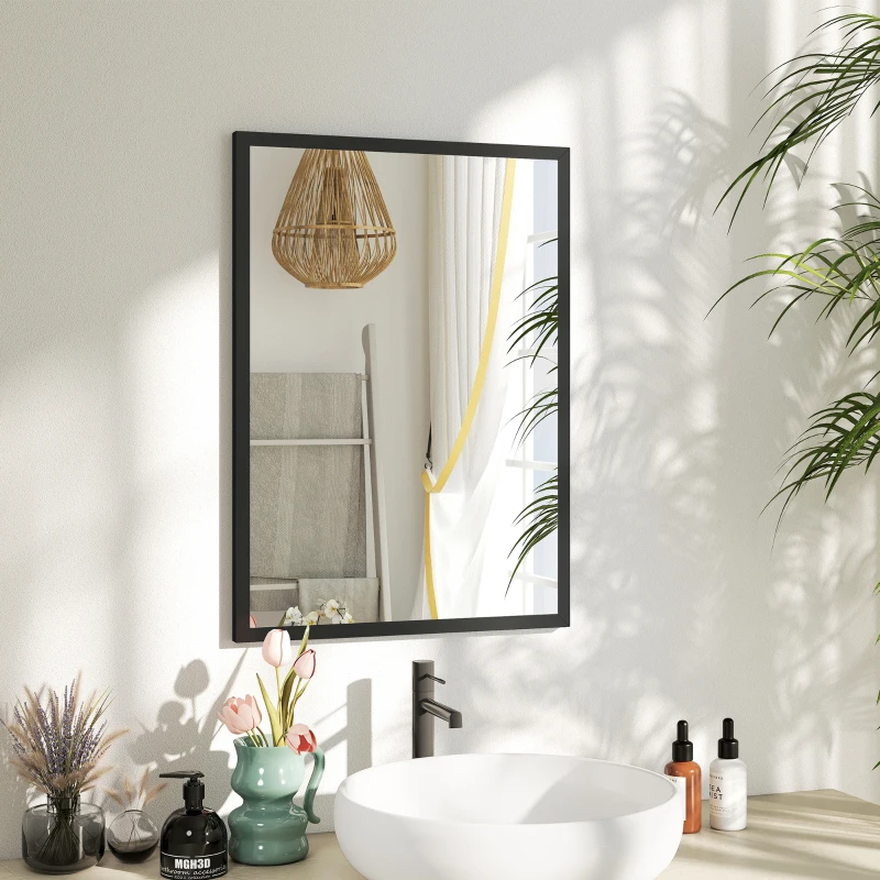 HOMCOM Miroir mural rectangulaire 50 x 70 cm, cadre en bois noir, idéal pour la salle de bain, salon ou chambre