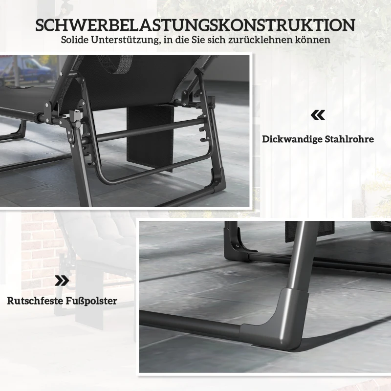 Outsunny Transat pliant large Chaise de jardin avec dossier réglable 5 positions Matelas rembourré Appui-tête Poche latérale